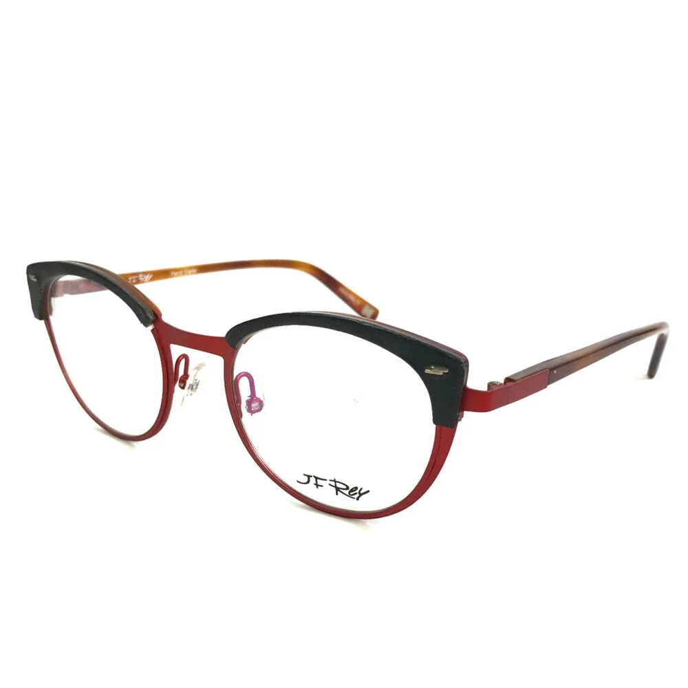 J.F. Rey Eyeglasses Frame JF2843 3000 Black Leather Brown Red Cat Eye 50-20-143